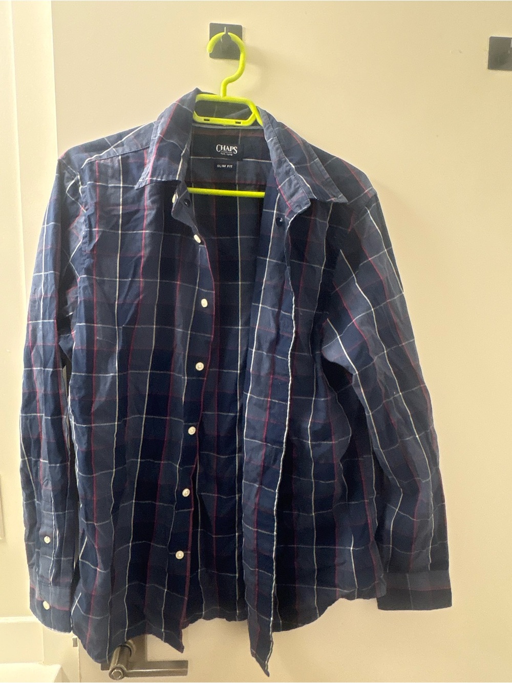 Chaps Navy Plaid Button-Down Shirt with Red and White Lines